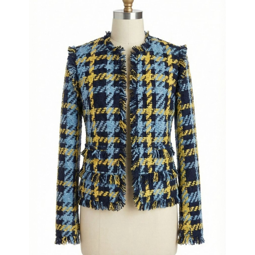 Halogen Womens Blue Yellow Multi Color Tweed Jacket Size XS